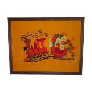 Vintage Embroidered Picture Train Flowers 70's Wall Decor Orange